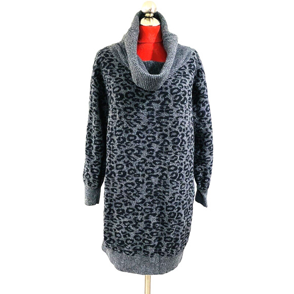 Anthropologie Casual Sweater Dress Pullover Knit Tunic Gray Black Animal Print L - Picture 1 of 11